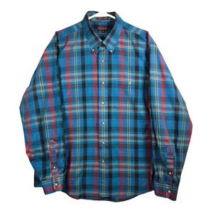Evan Picone Mens Shirt XL Plaid Button Front Teal/Red Long Sleeve Button-Down